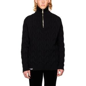 BALMAIN Men's Black Half Zip Cable Knit Pullover Sweater Size L